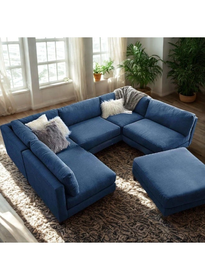 Al Zakharef Furniture Arman Modern U-Shape Linen Fabric Sectional Sofa with Ottoman – Soft Linen Upholstery, Deep Cushioned Seating, Luxury Living Room Sofa Set – Blue - Image 1